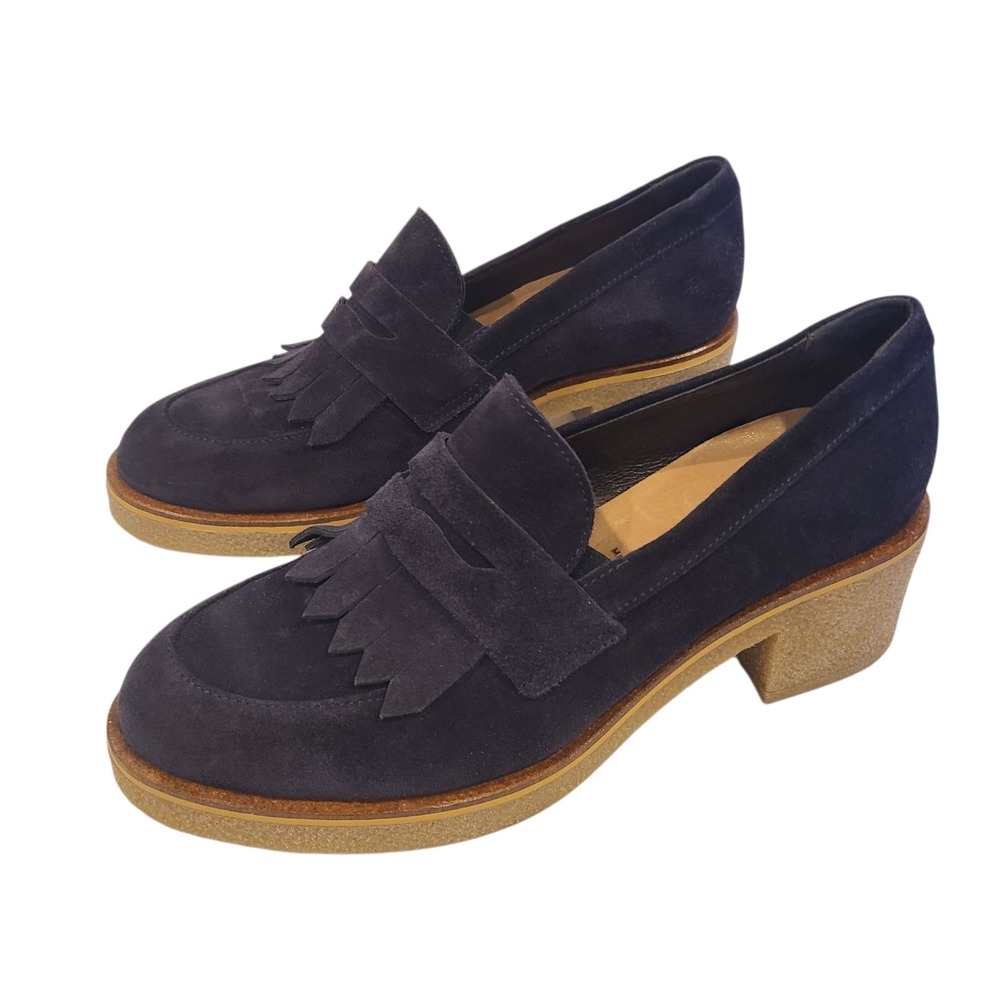 Ron White Blue Suede Kiltie Loafers 39 EU/ 8.5 Block Heel Italy Quiet Luxury